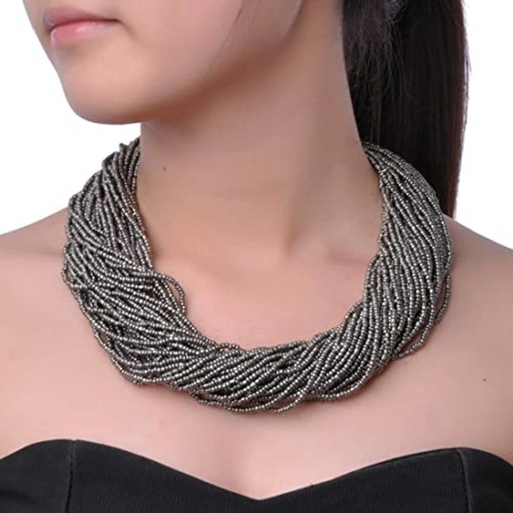 Silver Seed Beaded Necklace Boho Chunky Bead Necklace Multi Strand Seed Necklace - Picture 4 of 5